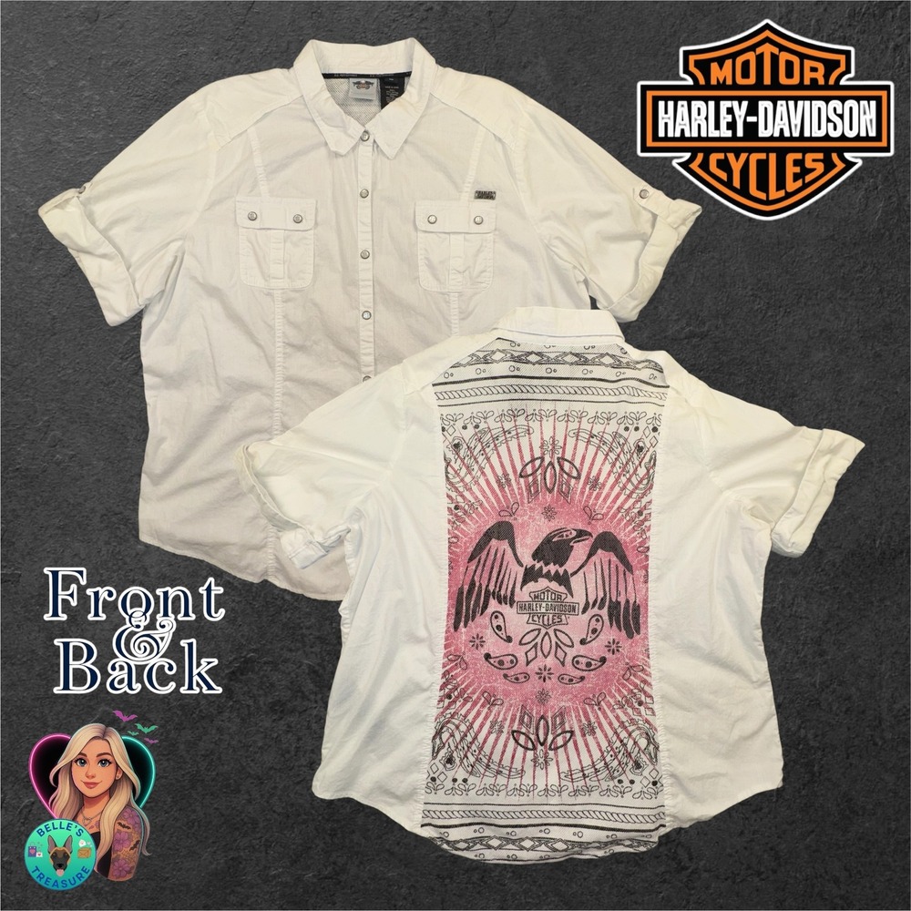 Harley Davidson Top‎ Womens 1W White Pearl Snap Ventilated Shirt Aztec Eagle XL